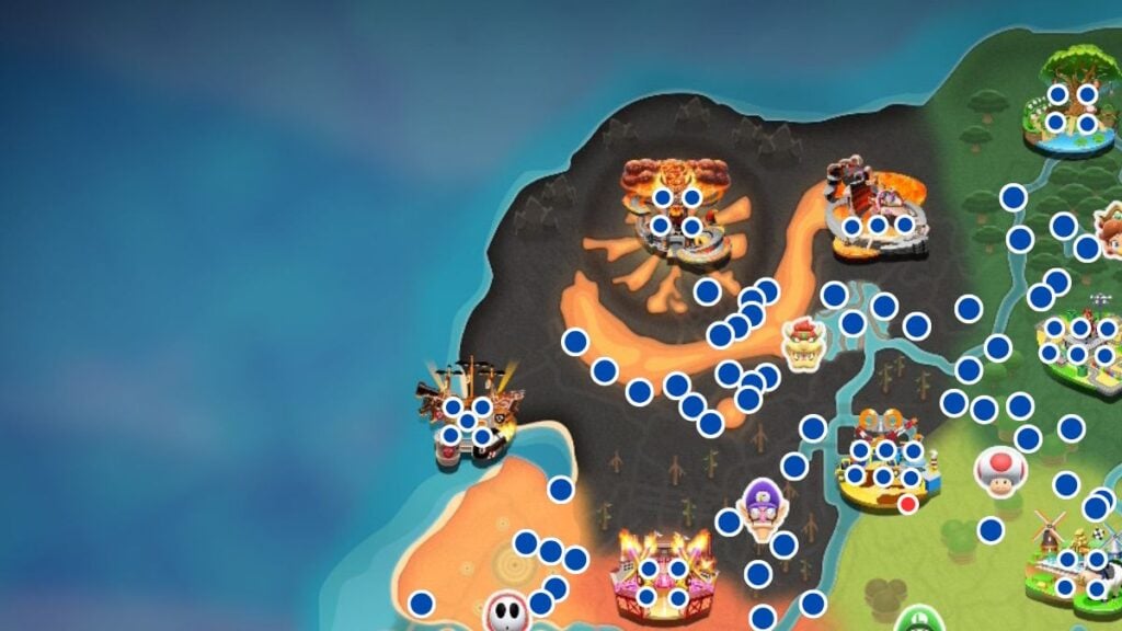Mario Kart World free roam map with P Switch icons shown in blue.
