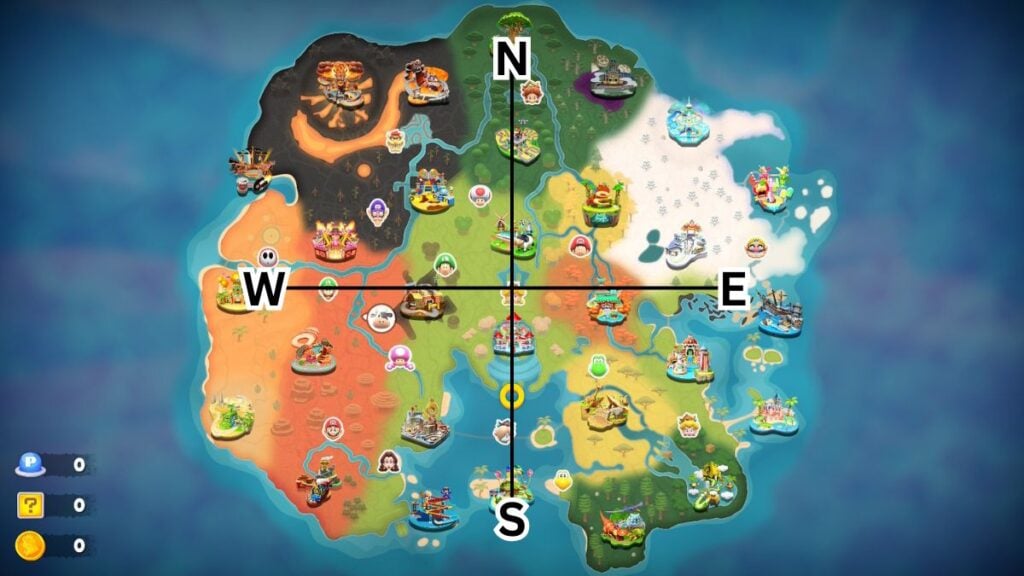 Mario Kart World free roam map with a compass laid out on the top.