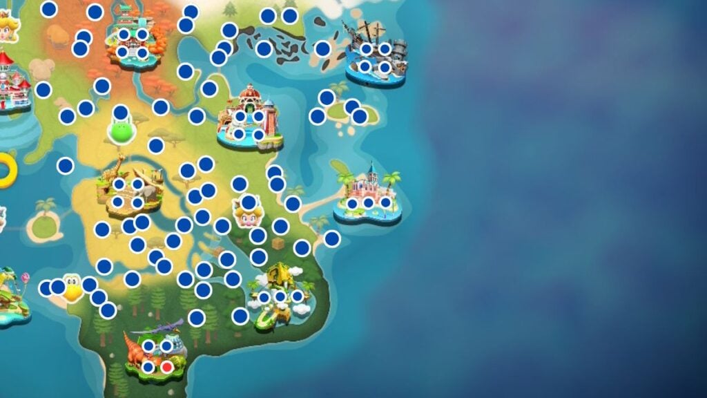 Mario Kart World free roam map with P Switch icons shown in blue.