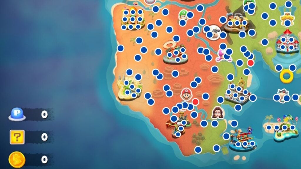 Mario Kart World free roam map with P Switch icons shown in blue.