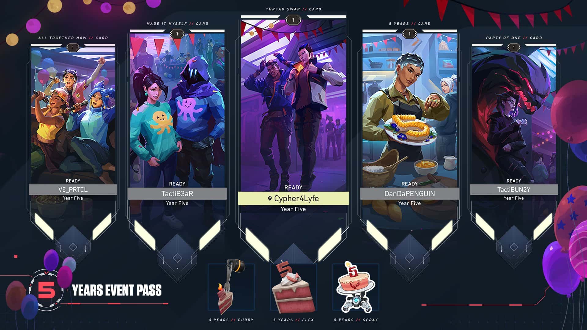 Rewards in the VALORANT 5 Years Event Pass.