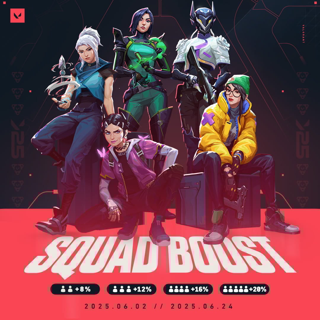 VALORANT XP Squad Boost key image featuring Clover, Killjoy, Jett, Viper, and Vyse.