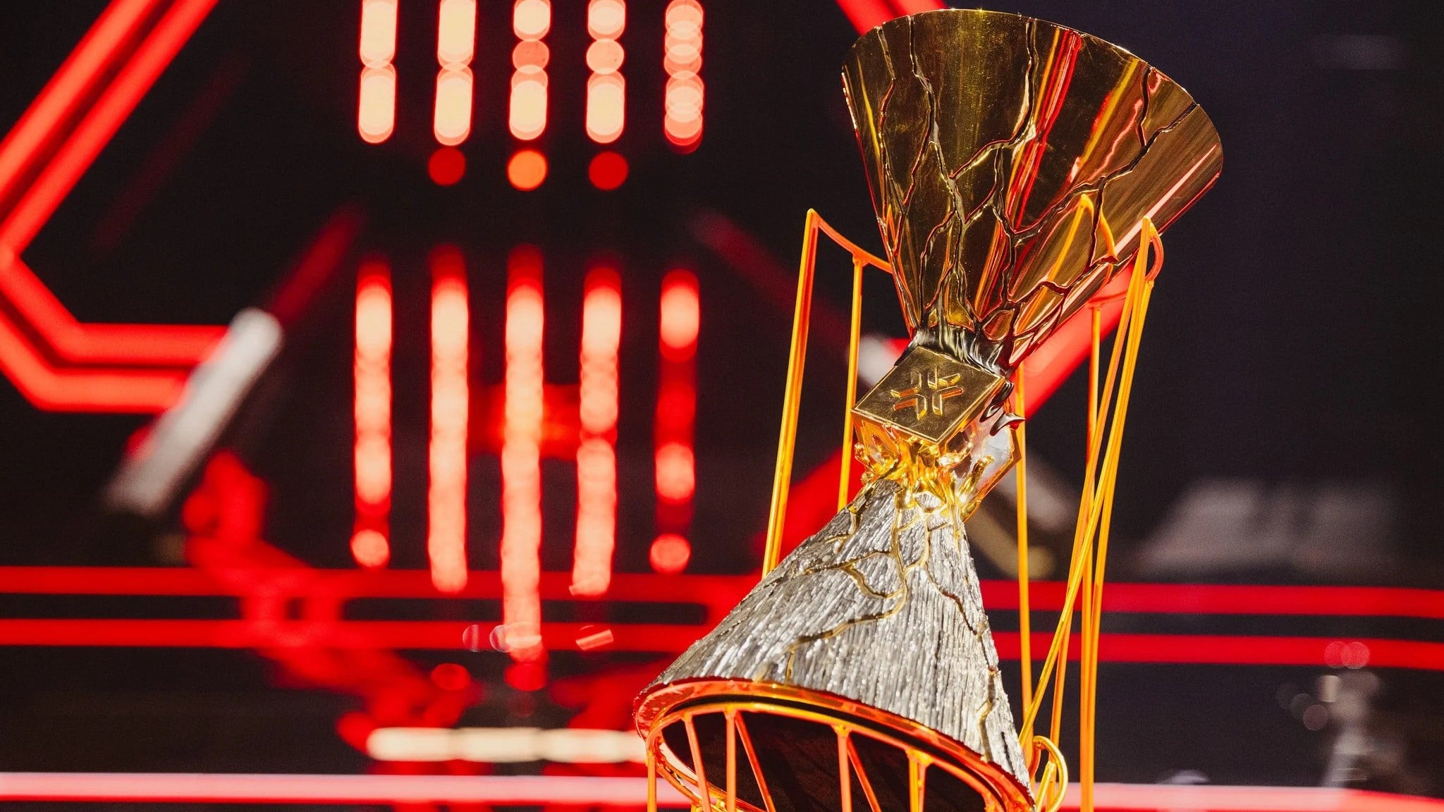 The VALORANT Champions trophy on display.