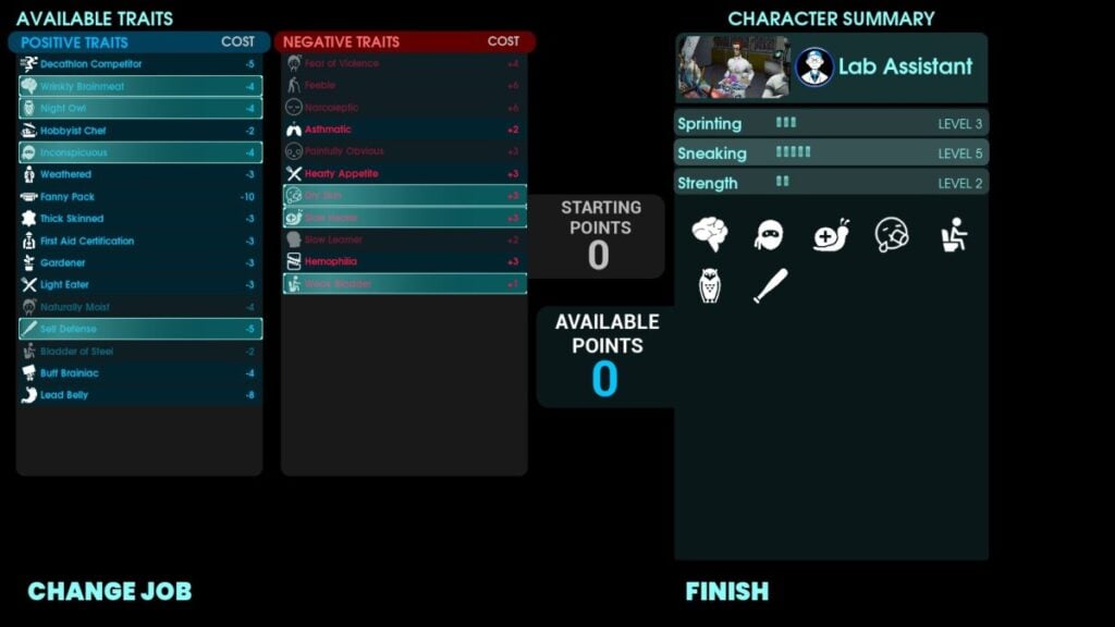 Lab Assistant trait selection