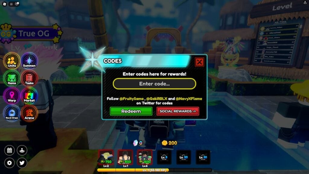 Picture showing code redemption box in All Star Tower Defense X .