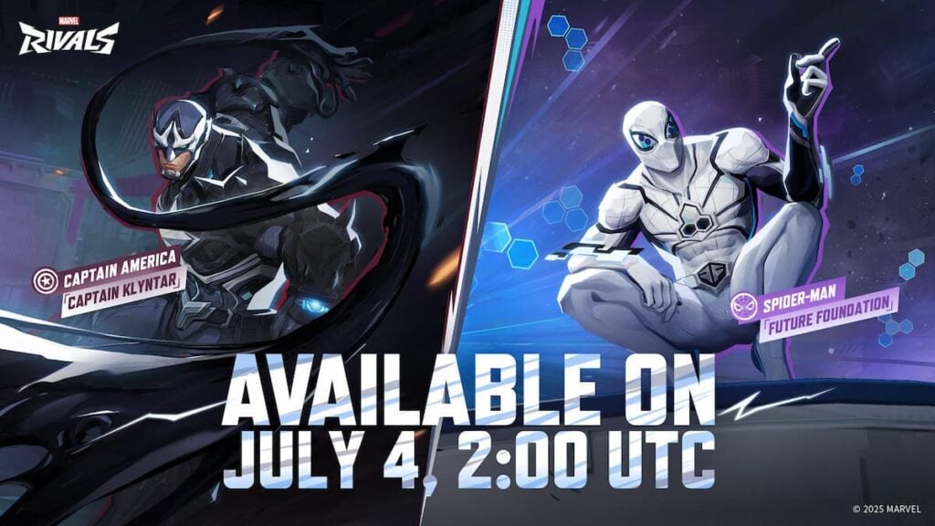 Picture showing the Spiderman Future Foundation cosmetic and Captain Klyntar cosmetics in Marvel Rivals.