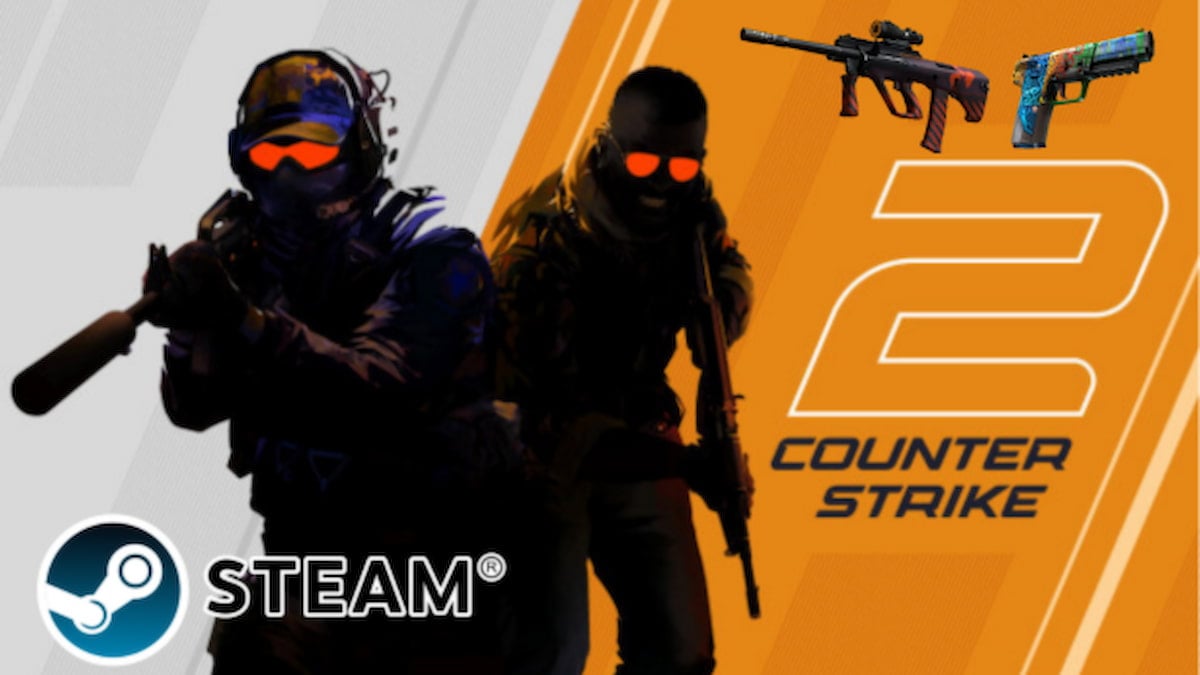 Picture showing weapon skins in Counter Strike 2 with a Steam logo.
