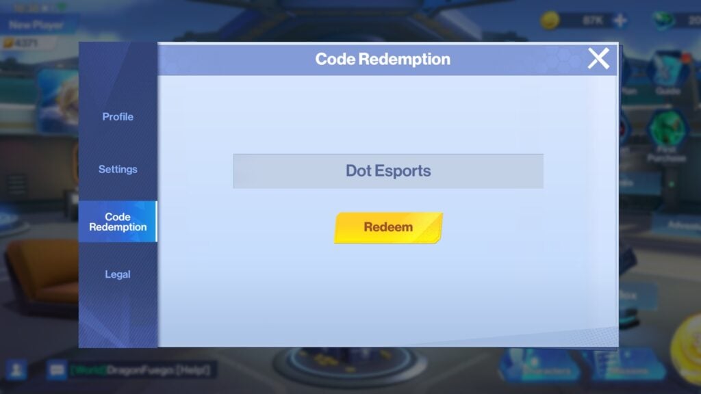 in-game screenshot featuring the code redemption tab in DC Worlds Collide.