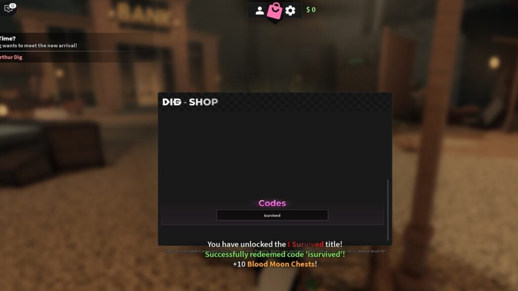 in-game screenshot featuring the text box for redeeming codes in DIG on Roblox.