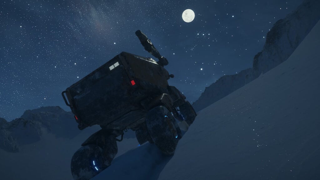 Picture showing the protagonist driving under the stars in night in Death Stranding 2.