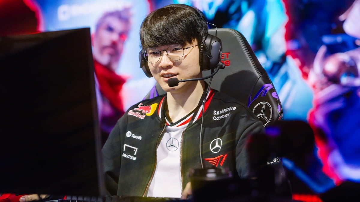 Faker of T1 reacts onstage during MSI 2025 Bracket Stage Day 3 at the Pacific Coliseum in Vancouver, Canada on July 03, 2025.