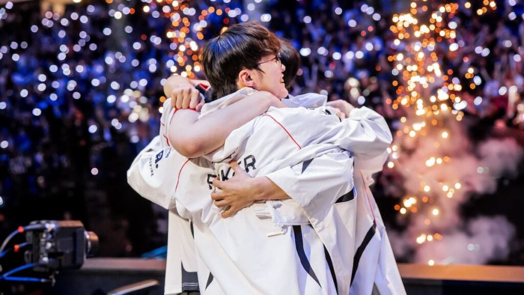 T1 hug onstage after victory against Bilibili Gaming at the League of Legends World Championship 2024 Finals on Novemeber 02, 2024 in London.