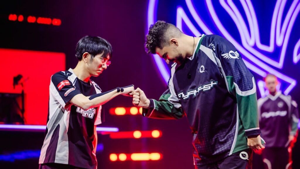 Flandre (L) of Anyone's Legend and Bwipo of FlyQuest walk onstage during MSI 2025 Bracket Stage Day 2 at the Pacific Coliseum in Vancouver, Canada on July 02, 2025.