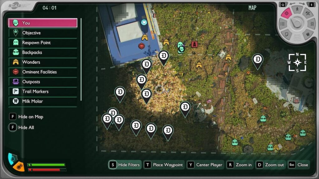 Picture showing Acorn spawn points using in-game map in Grounded 2.