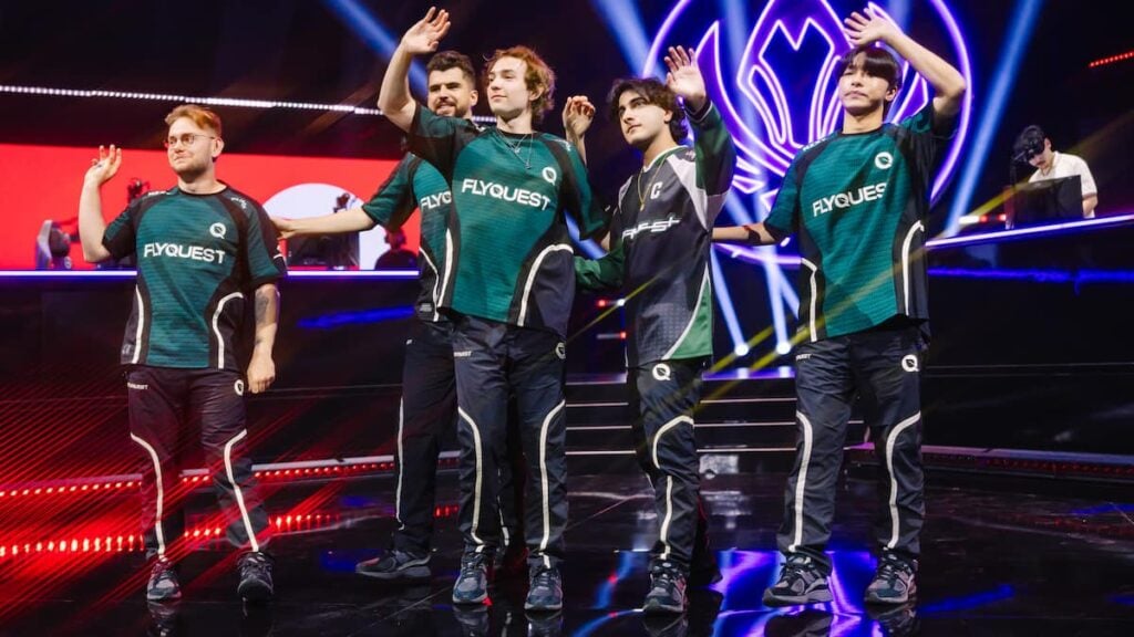 FlyQuest wave to the audience after victory against G2 Esports during MSI 2025 Bracket Stage Day 4 at the Pacific Coliseum in Vancouver, Canada on July 04,