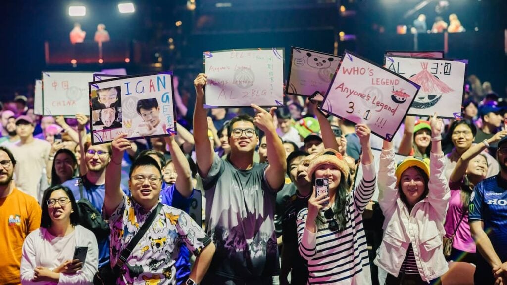 Fans in the audience show their support during MSI 2025 Bracket Stage Day 2 at the Pacific Coliseum in Vancouver, Canada on July 02, 2025