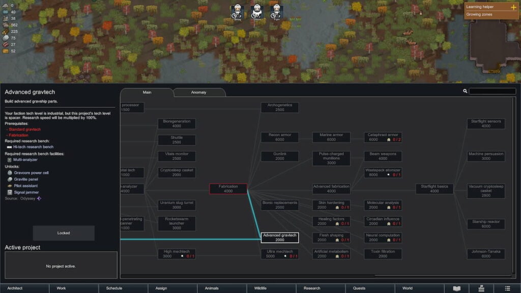 Picture showing the research menu in Rimworld Odyssey.