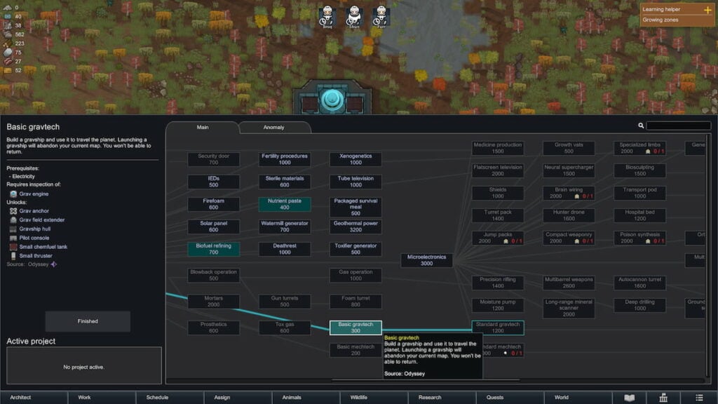 Picture showing the Gravship research options in Rimworld Odyssey.