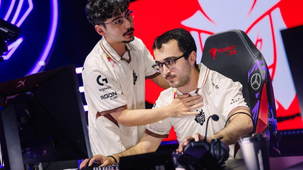 BrokenBlade (L) and SkewMond of G2 Esports react onstage against FURIA during MSI 2025 Play-In Stage Day 1 at the Pacific Coliseum in Vancouver, Canada on June 27, 2025.