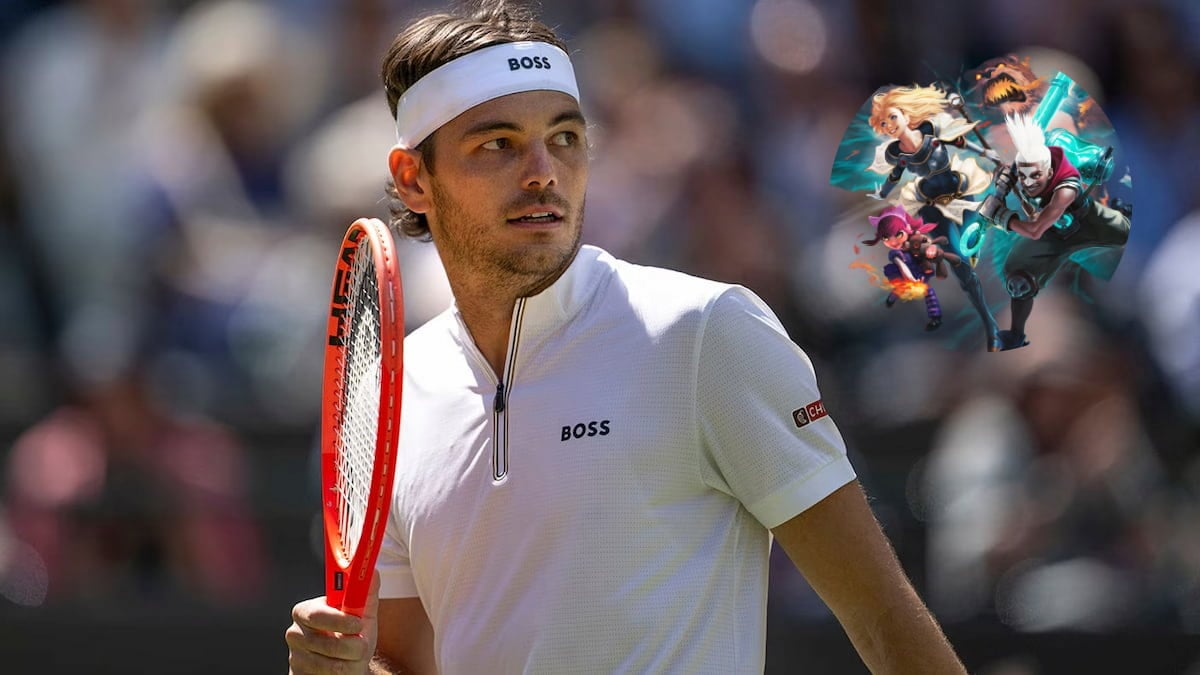 Picture showing Taylor Fritz in Wimbledon alongside a League of Legends icon.