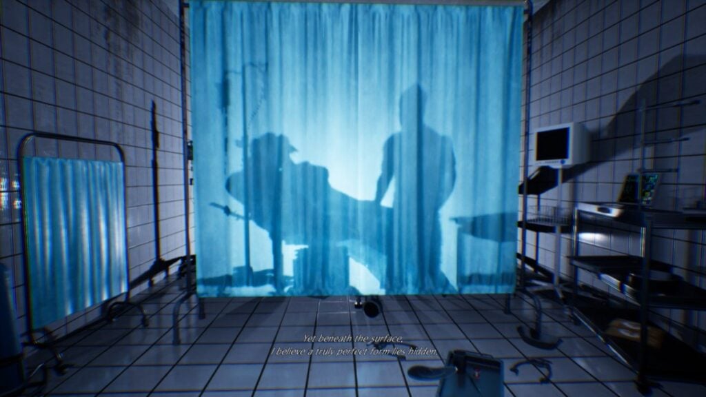 Silhouettes behind hospital curtain showing Mr. Kim experimenting on Bori