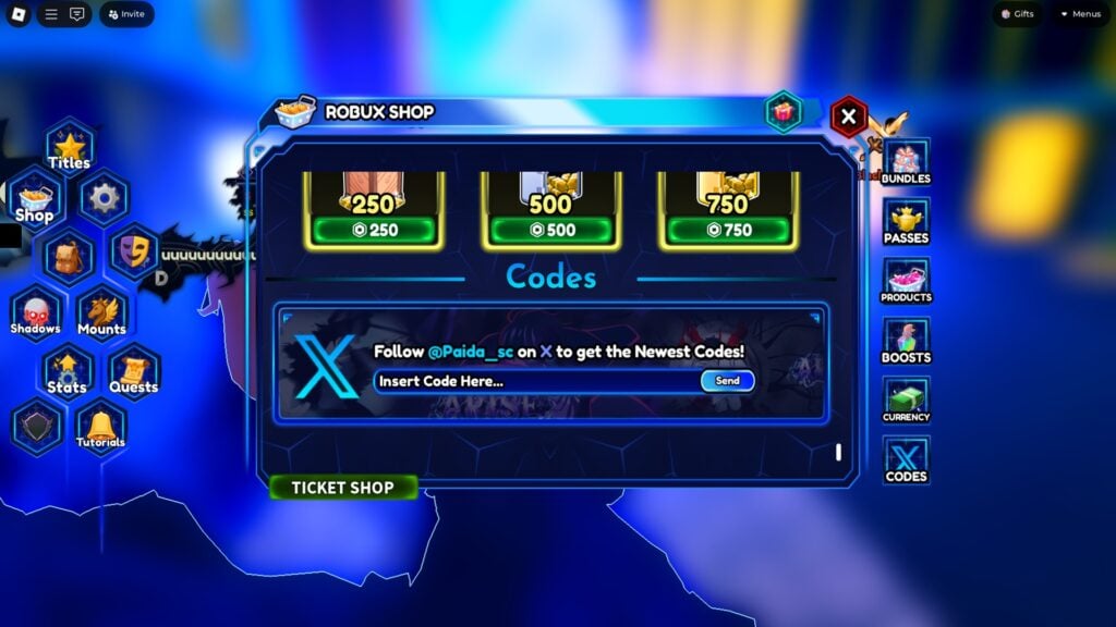 in-game screenshot of Arise Crossover featuring the code redemption page.
