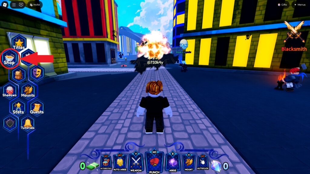 In-game screenshot of Arise Crossover featuring the shop button on the home screen.