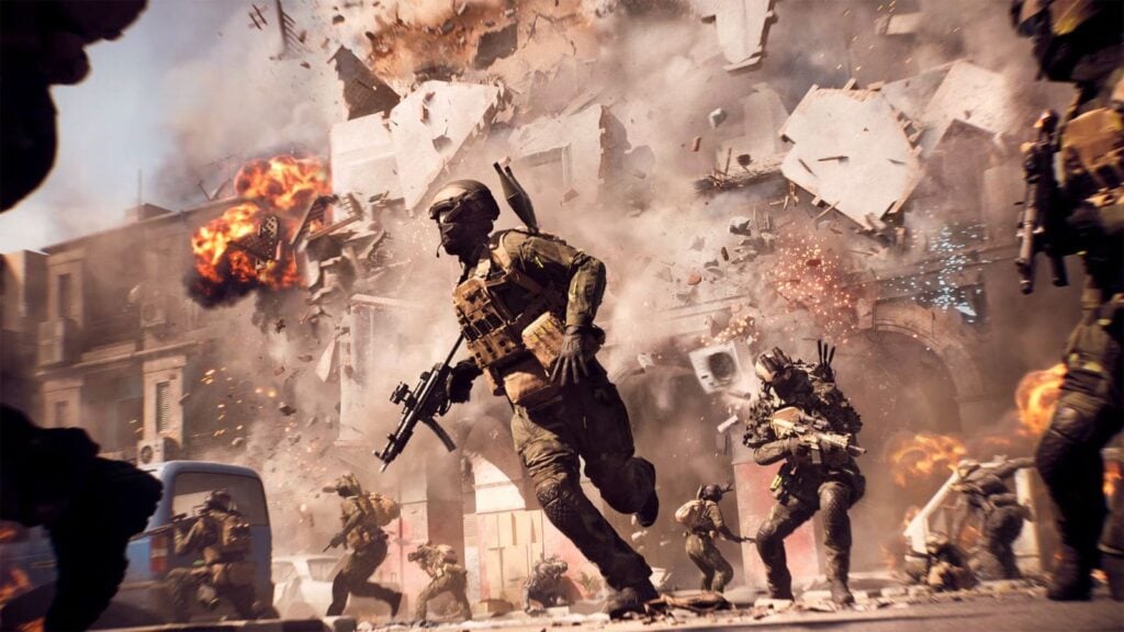 Soldiers fighting with a collapsing building behind in Battlefield 6.