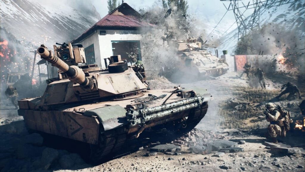 A tank in Battlefield 6, with soldiers shooting their guns in the background.