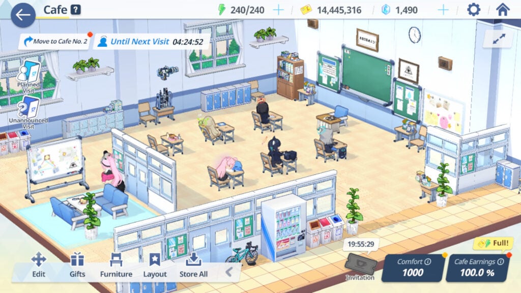 in-game screenshot featuring the classroom in Blue Archive.