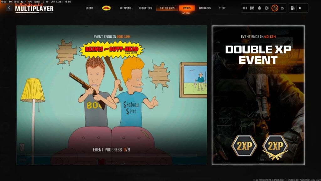 Black Ops 6 Events page showing current Double XP Event timer along with the Beavis and Butt-Head Event.