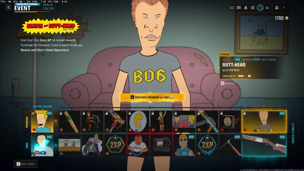 CoD Beavis and Butt-Head Event rewards, divided into the Free and Preium Tracks.