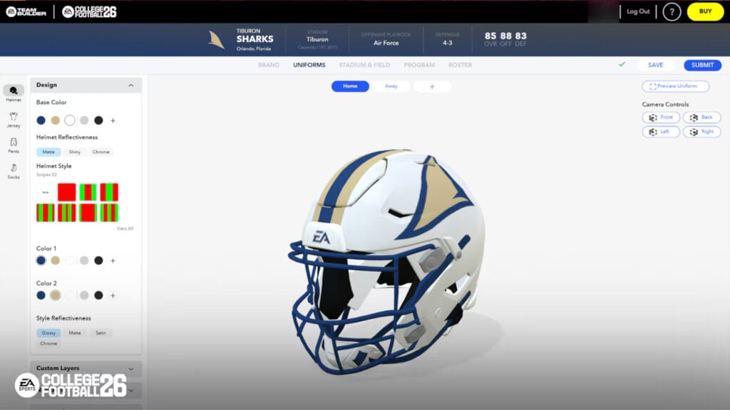 website screenshot featuring the team builder tool for College Football 26