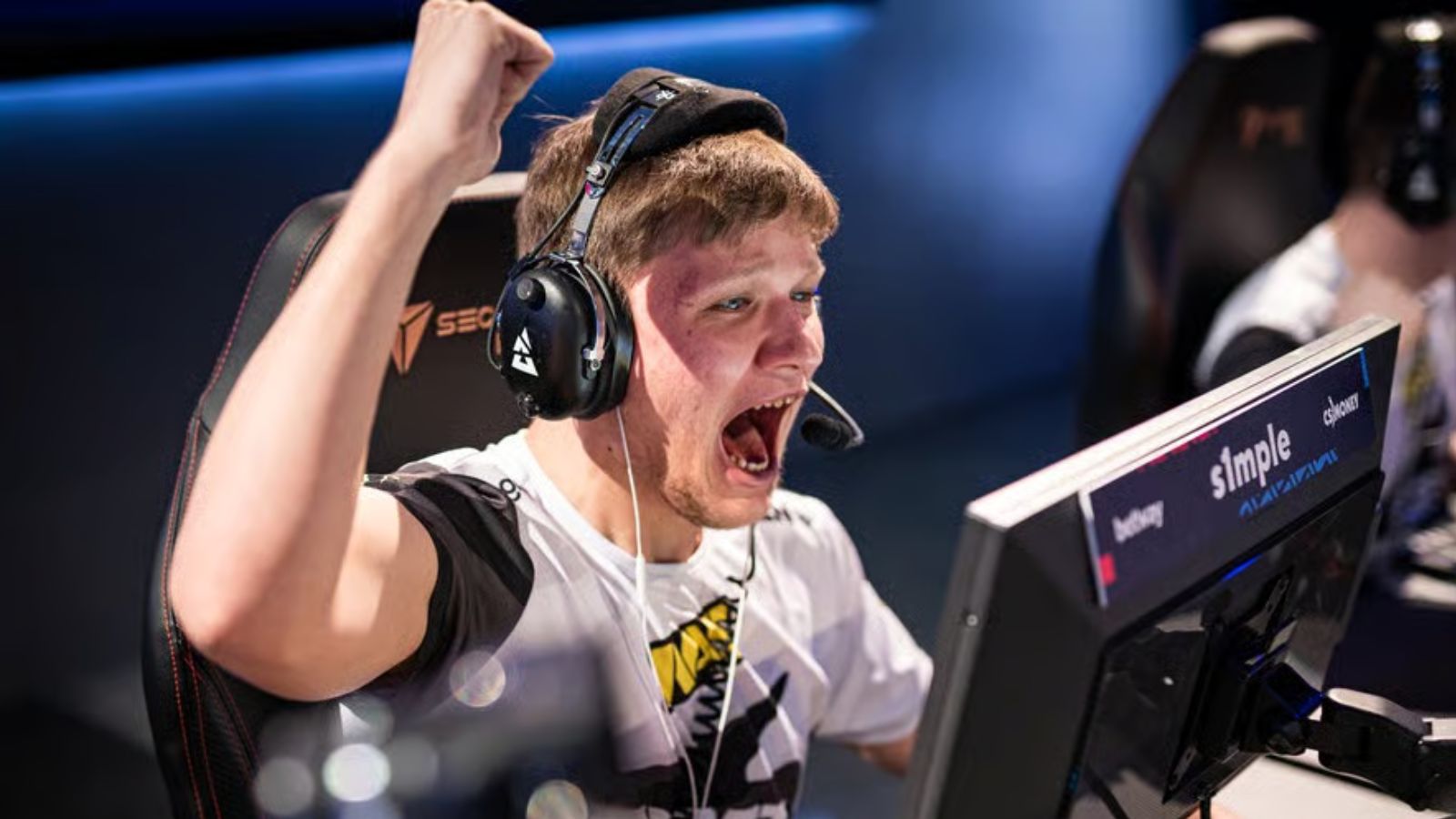 NAVI s1mple shouts after a round win during a BLAST Premier CS:GO tournament.