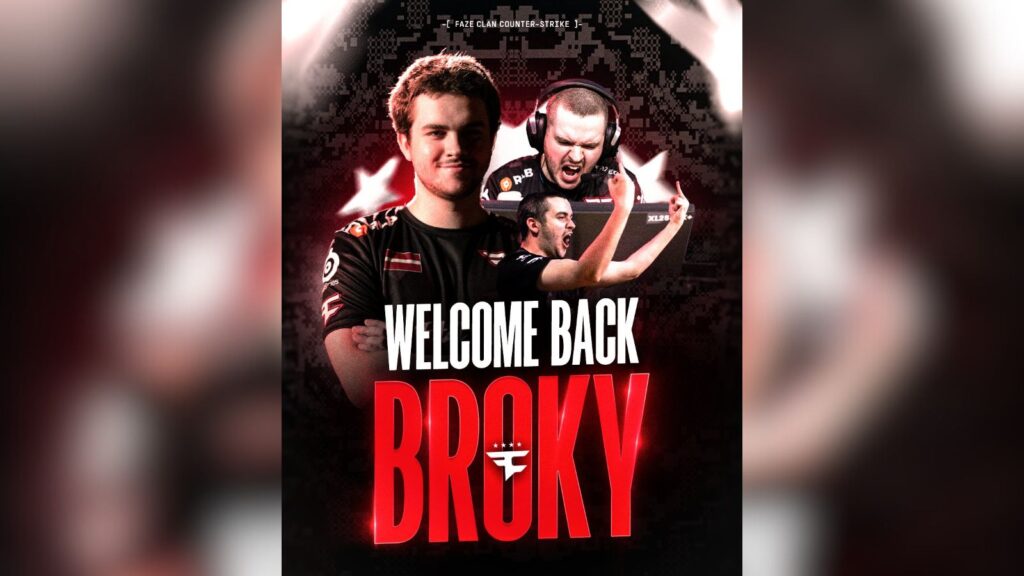 Photos of broky featured on FaZe Clan's post on X about his return to their CS2 main lineup.