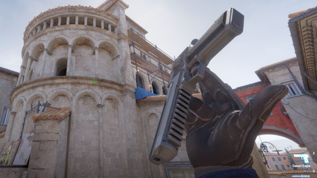 Switching to the Deagle while facing the Church on Inferno B site in CS2.