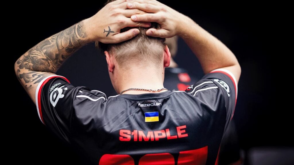 S1mple holding his hands at the back of his head following a loss at the CS2 Austin Major 2025.