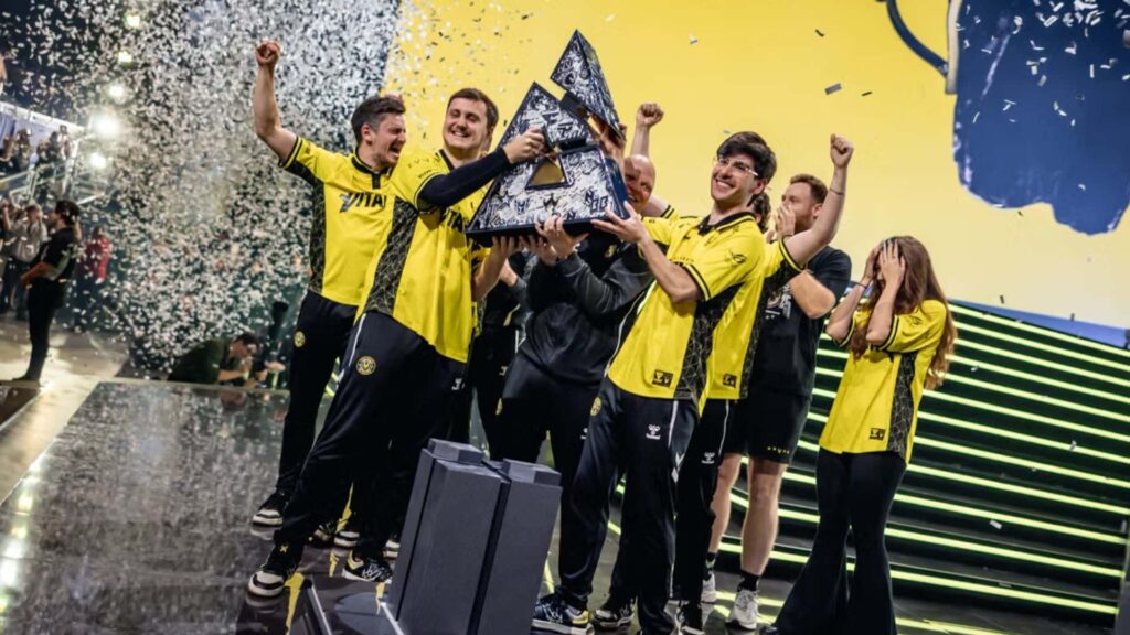 Team Vitality lift the trophy after winning the CS2 Austin Major 2025.
