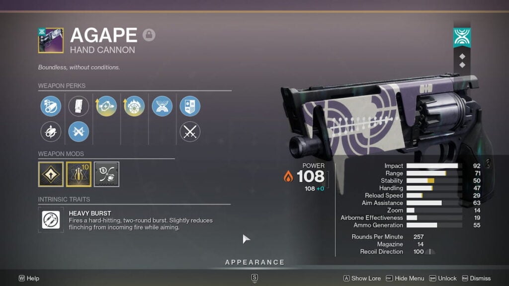 Agape roll in Destiny 2