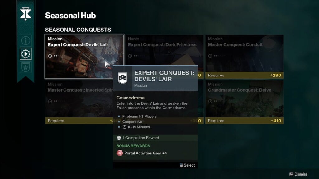 Seasonal Conquests menu in Destiny 2