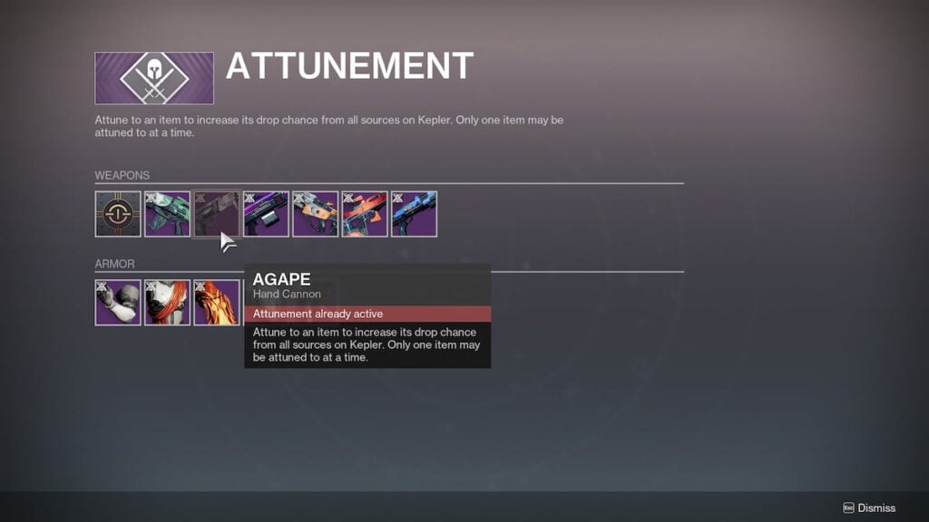 Kepler loot attunement screen in Destiny 2