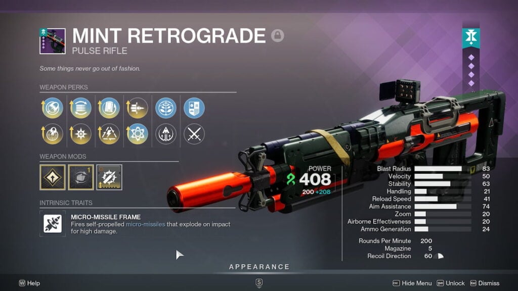 Mint Retrograde roll in Destiny 2