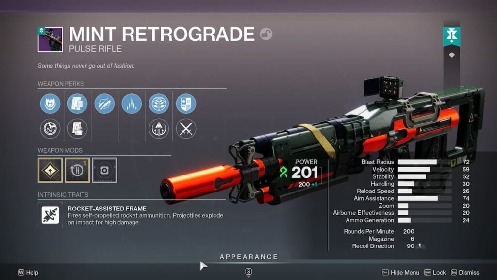 Mint Retrograde roll in Destiny 2