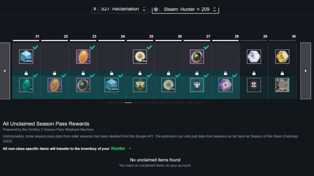 Destiny 2 Season Pass Wayback Machine on Bungie website