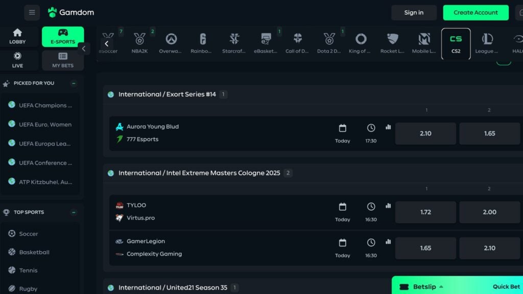 Gamdom esports betting UI, showing CS2 tournaments.
