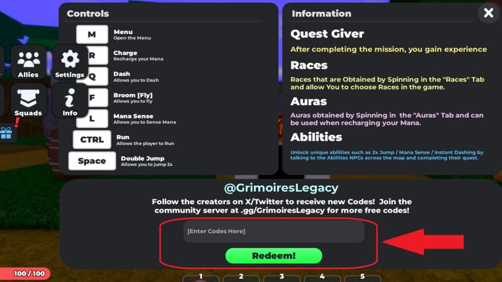 in-game screenshot featuring the code text box in Grimoires Legacy.