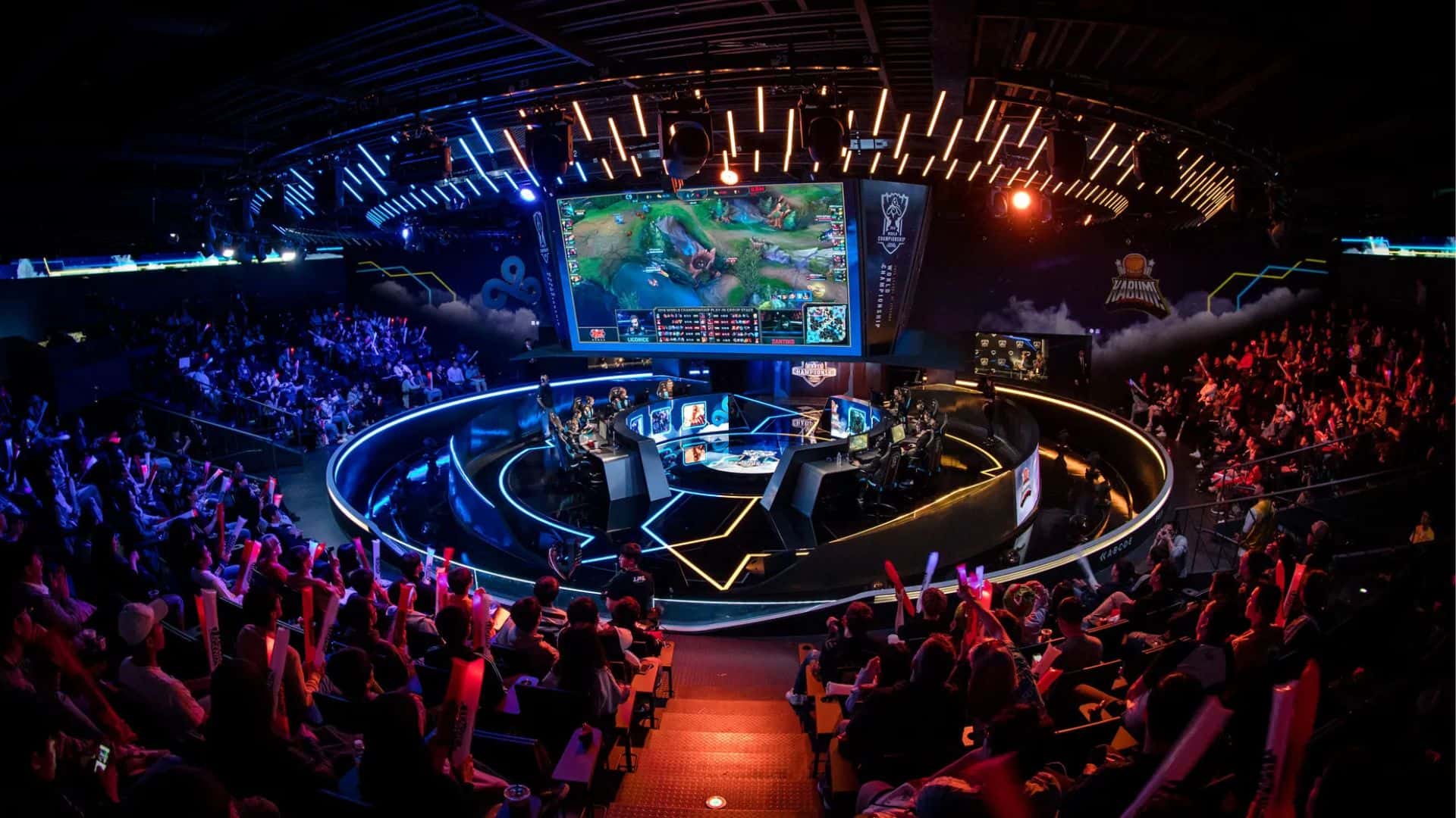 Fans watching a League of Legends match at the LCK Arena in Seoul, South Korea.