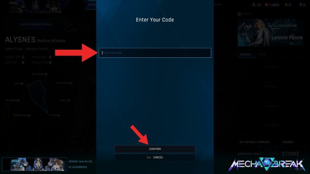 the area to enter redeem codes in Mecha BREAK