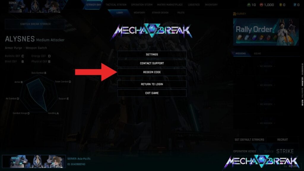 The Redeem Code button in Mecha BREAK