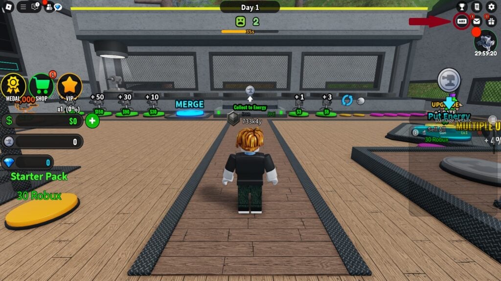 in-game screenshot featuring the ABX button on the main screen of Merge Tower Defense.